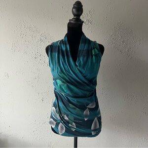 Y2K Cabi stretchy wrap tank top blue green plant leaf print women’s XS